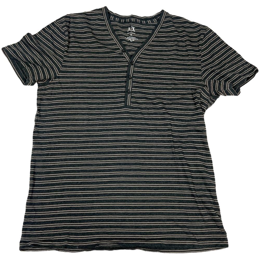 A|X Armani Exchange T-Shirt Brown Grey Striped Short Sleeve‎ Men's M Pima Cotton